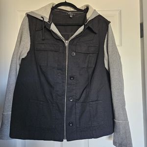 Torrid denim style jacket with fleece sleeves and hood - size 1 (14/16)